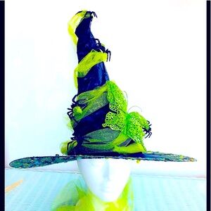 Witch hat Black & green spiders and butterfly sparkle covered broom top & bottom